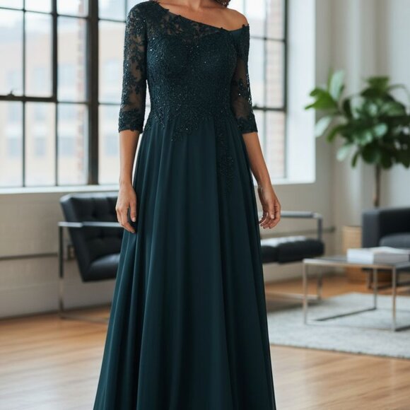 NEW Dark Teal Asymmetric Off-Shoulder Gown – Size 16 – Lace Sleeves, w/ Sequin - Picture 1 of 2
